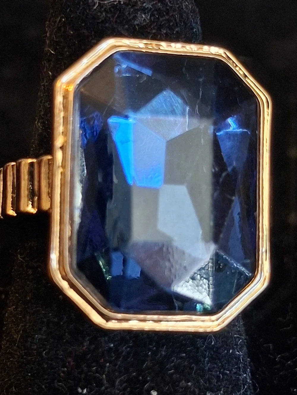 Goldtone Frame Blue Gem Octagon Statement Ring - Women Jewelry